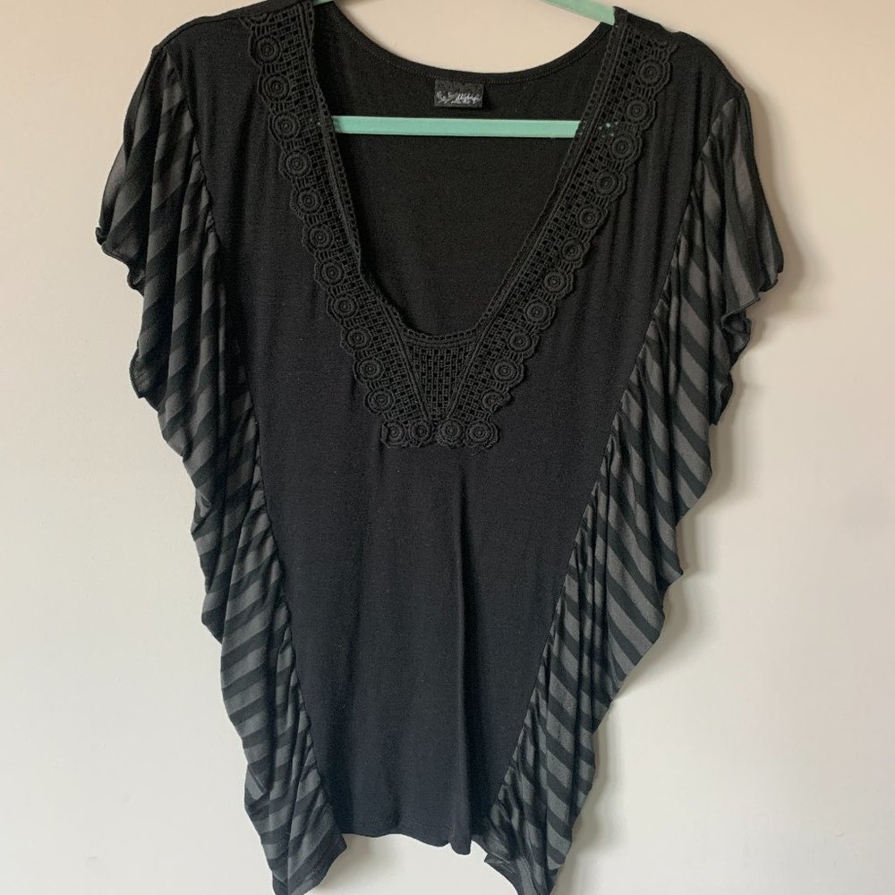 Nordstrom Short Sleeve Top / Tunic - Black & Grey Stripes with Embroidery